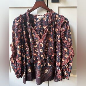 Ulla Johnson Floral Ruffle Blouse - Navy and Red